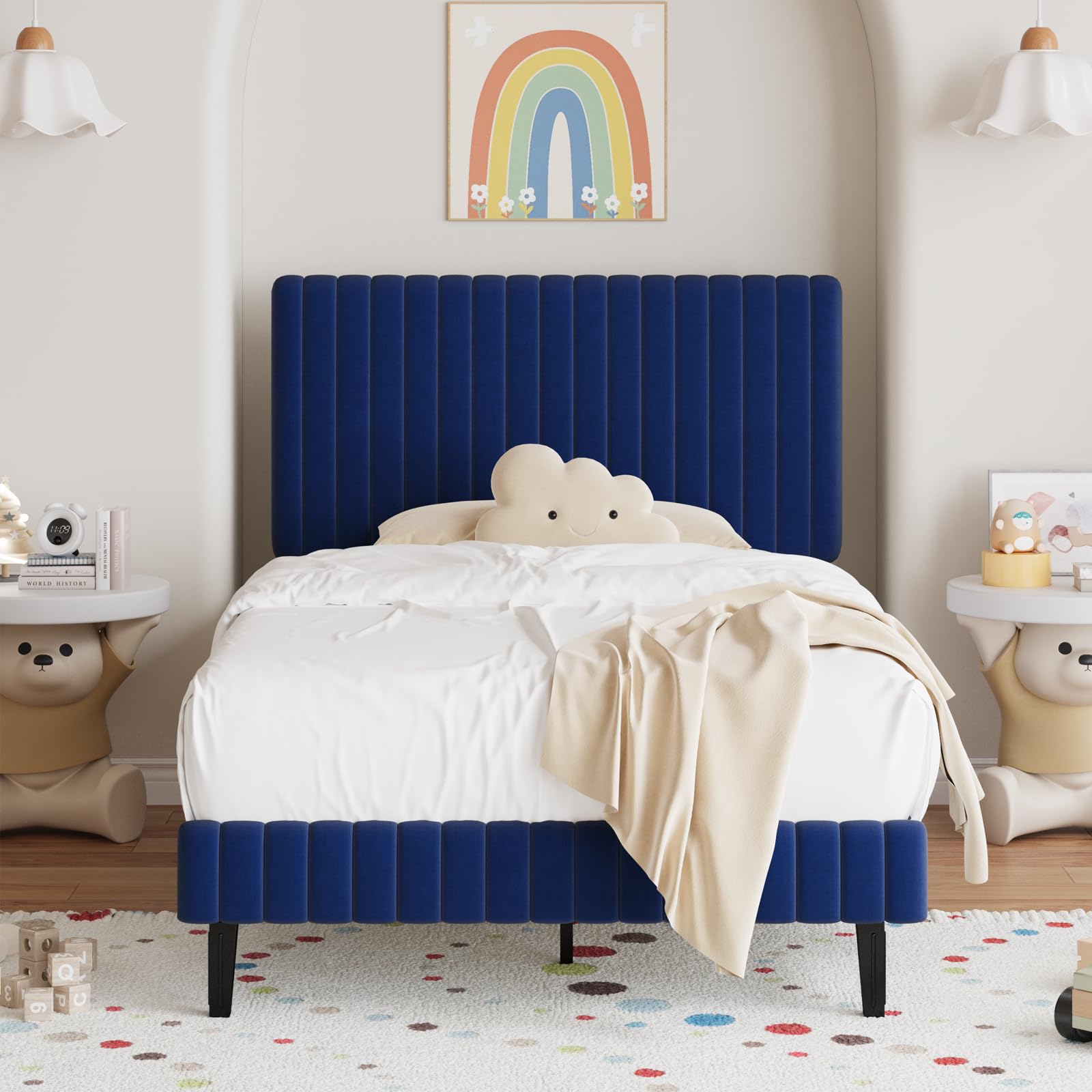 King Size Bed Frame and Headboard, Velvet Upholstered Platform Bed with Vertical Channel Tufted Headboard and Footboard, No Box Spring Required, Easy Assembly, Blue: Twin Blue