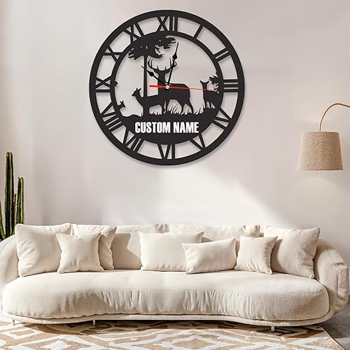 Miniatura 2 de Reloj de pared de metal de ciervo personalizado, reloj de pared rústico negro con nombre, sin tictac, funciona con pilas, decoración de cabaña,