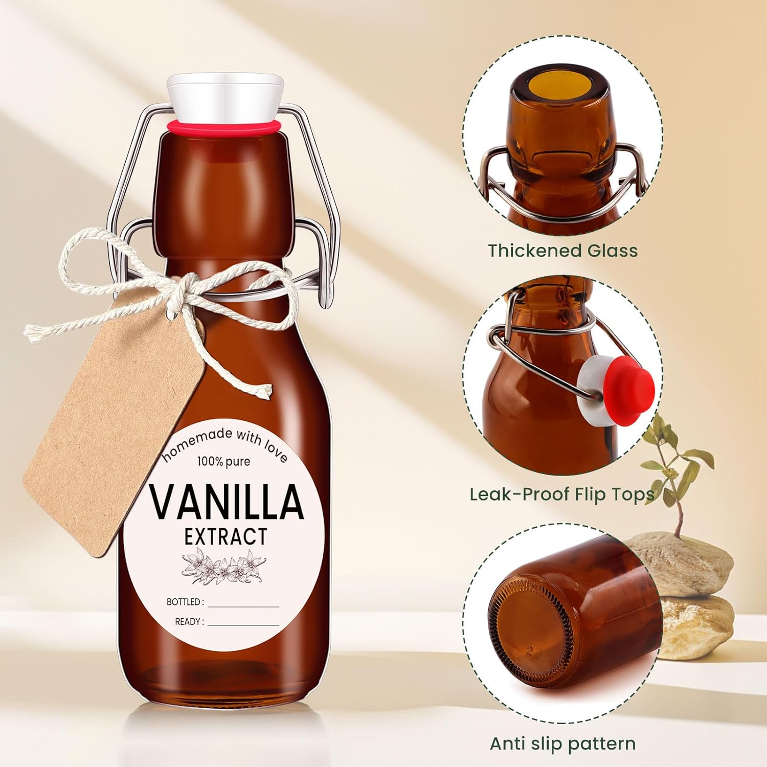 24 Pack 4 oz Swing Top Glass Bottles Amber Flip Top Glass Bottles Vanilla Extract Bottle with Airtight Lid Flip Top Beer Brewing Bottle for 2nd Fermentation Vanilla Extract Kombucha Beverage Soda
