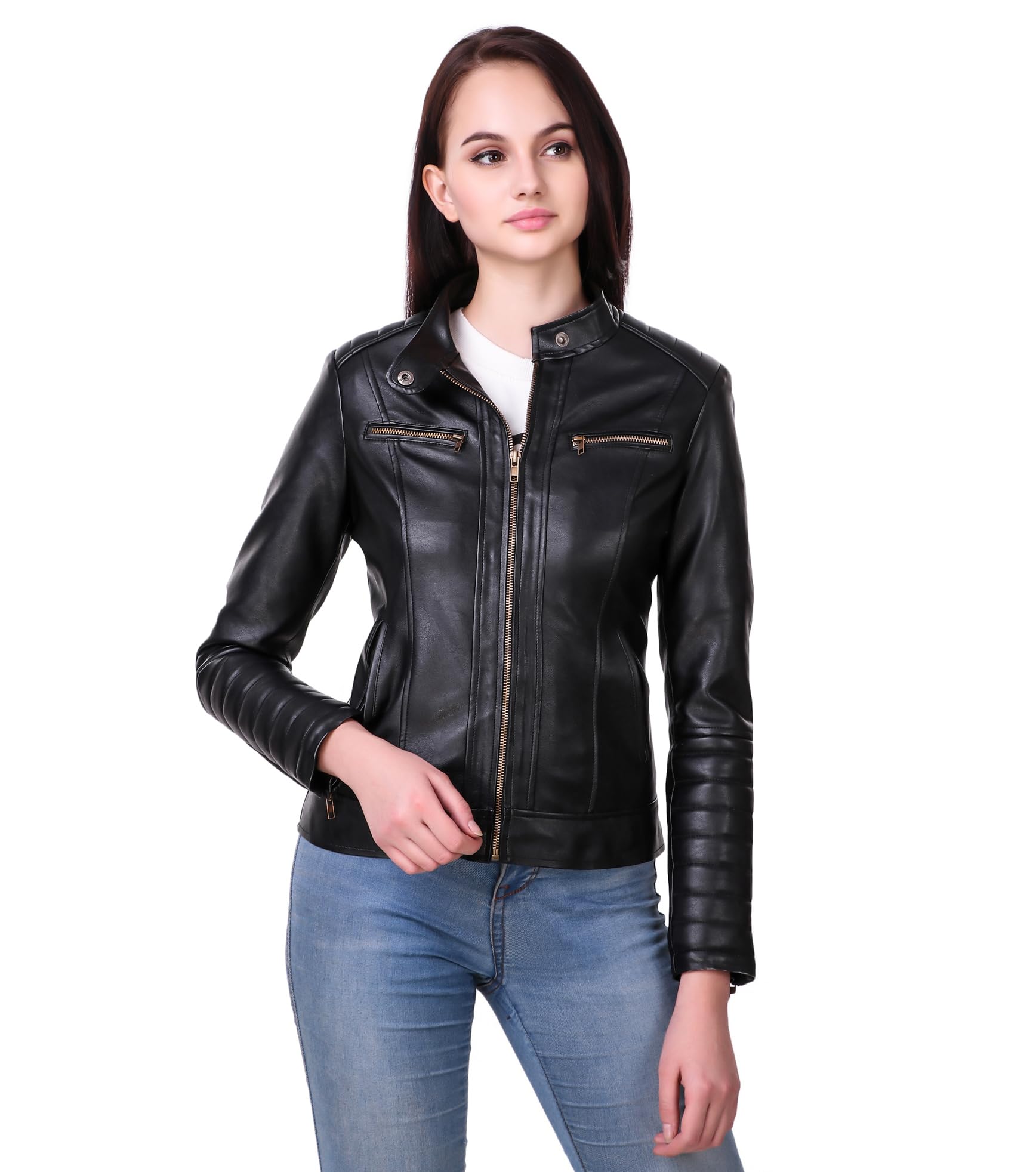 leather retail Woman Black Color Faux Leather Jacket-picture-15