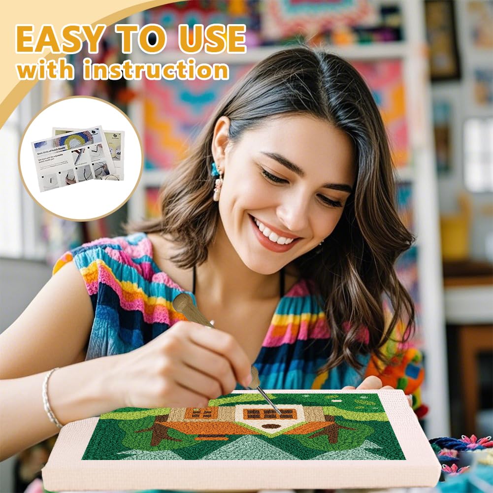 DOODLREAM Forest Cabin DIY Punch Needle Embroidery Kit for Adult Beginner 24 cm Punch Stitching Craft Set for Starter with Frame Fabric Pattern - Image 3