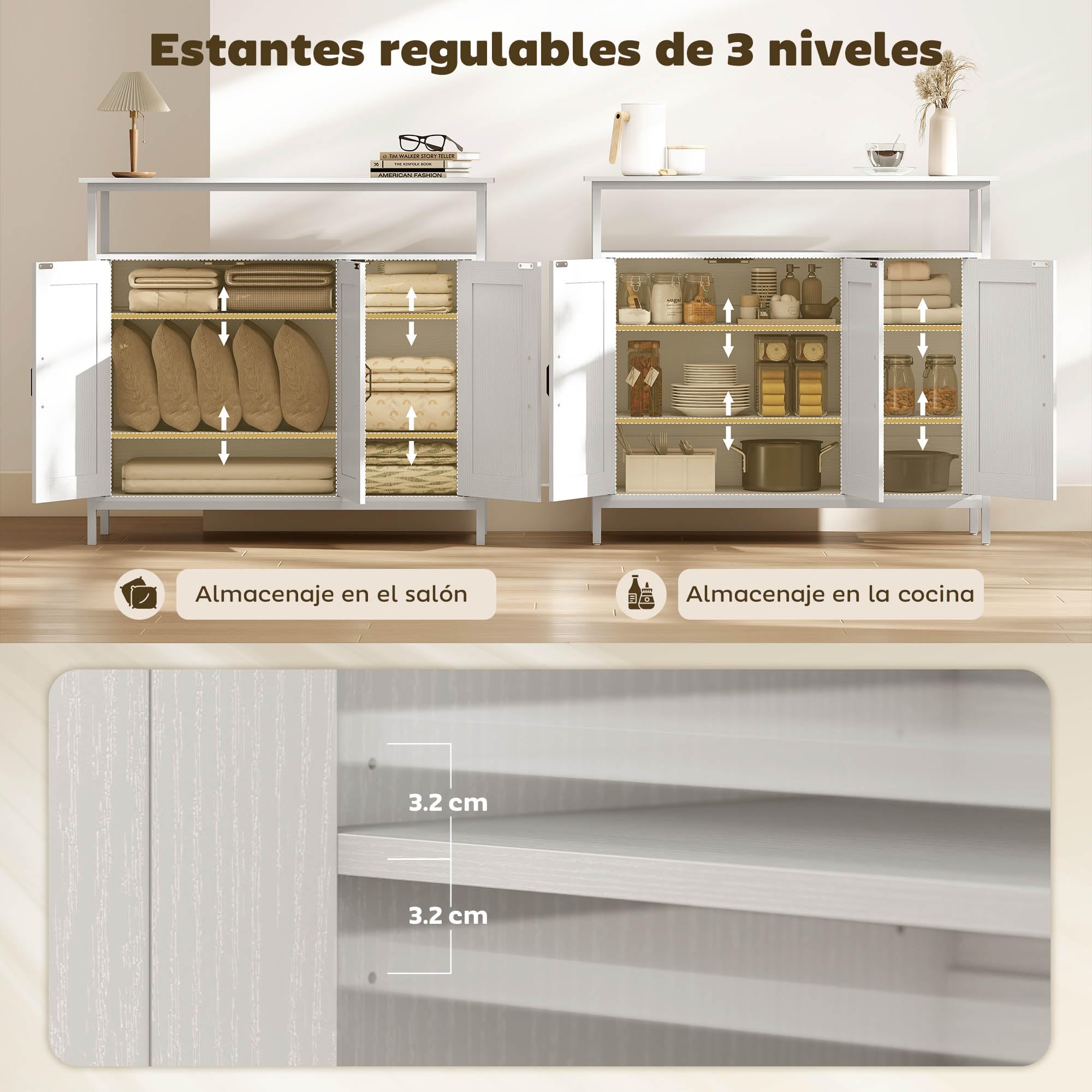 HOMCOM Aparador 3 Puertas, Aparador para Salón Industrial, con Compartimento Abierto, Estantes Ajustables, para Comedor, Entrada, Dormitorio, Blanco, 100x35x88 cm
