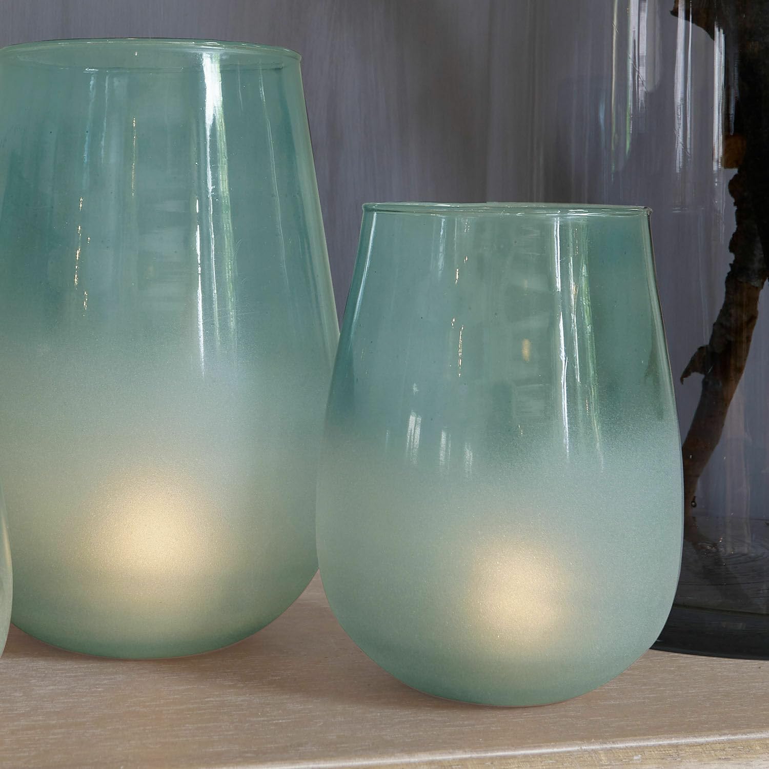 Loberon Windlicht 3er Set Miristelle, blau | unterschiedliche Größen, mundgeblasene Qualität, dezentes Milchglas-Finish, Wohn-Accessoires, Glas