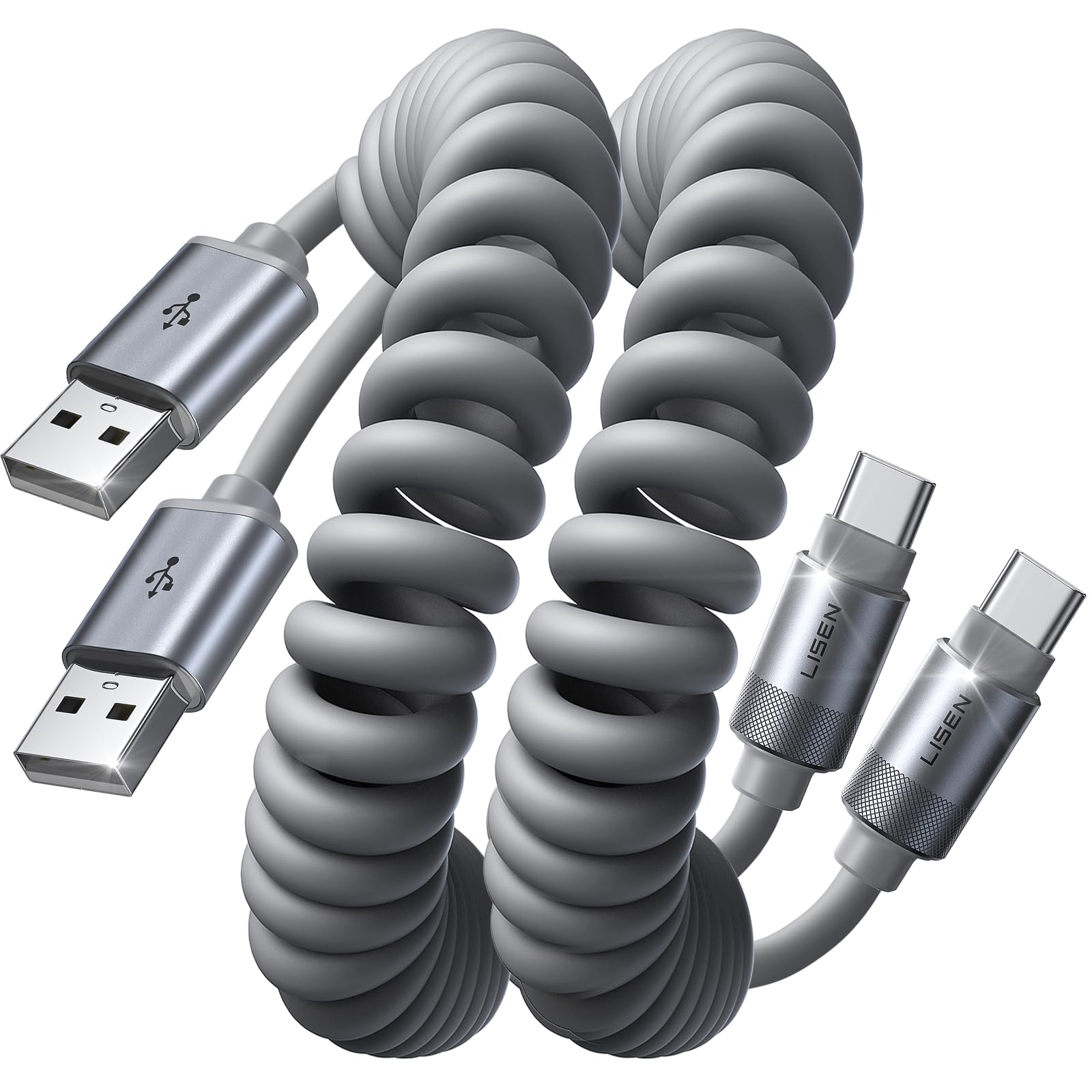 LISEN Silikon USB C Spiralkabel 0.4M-1.5M [2-Stück] für Android Auto Kabel & CarPlay Kabel, USB auf USB C Kabel Ladekabel Auto für iPhone 15/14/16/17 Pro Max, Samsung Galaxy S25 Ultra/S23/S21/A70