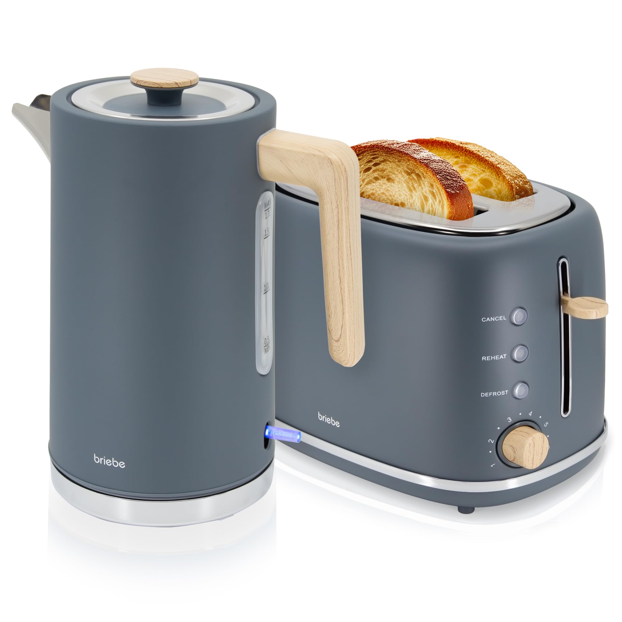 briebe Nordic Tostapane a Fessura Larga a 2 Fette, 6 Livelli di Tostatura, Pinze + Bollitore Elettrico 1,7L Cordless, Ebollizione Rapida 2200 W, senza BPA, Set Colazione Design Nordique, Grigio