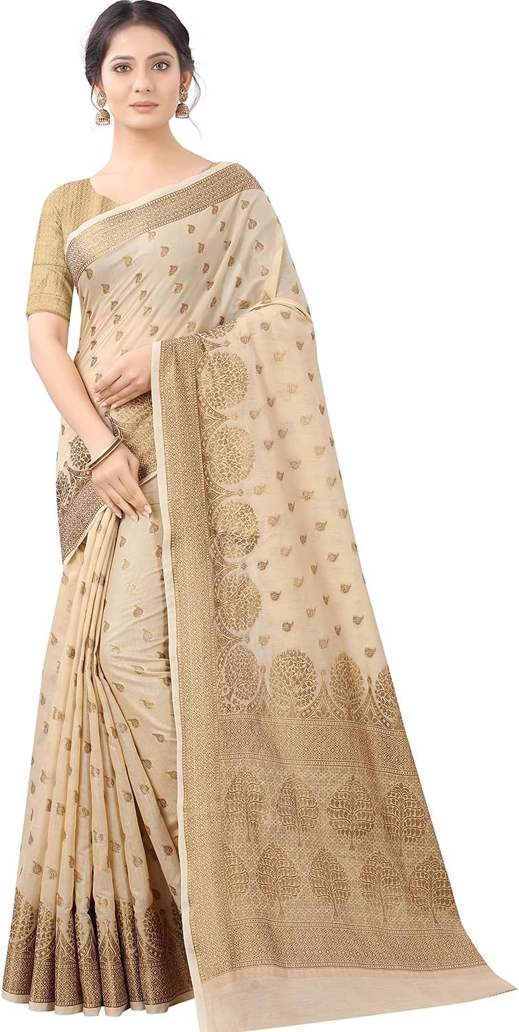 leeza storeWomen's Cotton Silk Blend Golden Zari Tree Pattern Border Rich Pallu Banarasi Saree With Blouse Piece