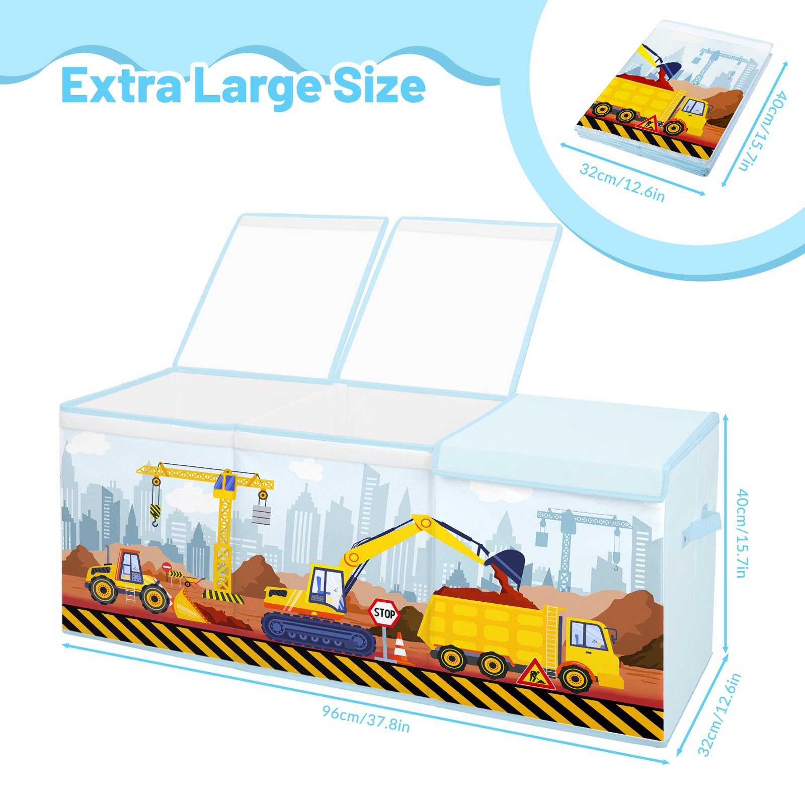 Extra Groß Aufbewahrungsbox, Faltbare Spielzeugkiste mit Deckel&Griff, Oxford spielzeug aufbewahrung für Kinder,Mädchen und Jungen,Spielzeugbox im Kinderzimmer,96×32×40 cm,Baumaschine