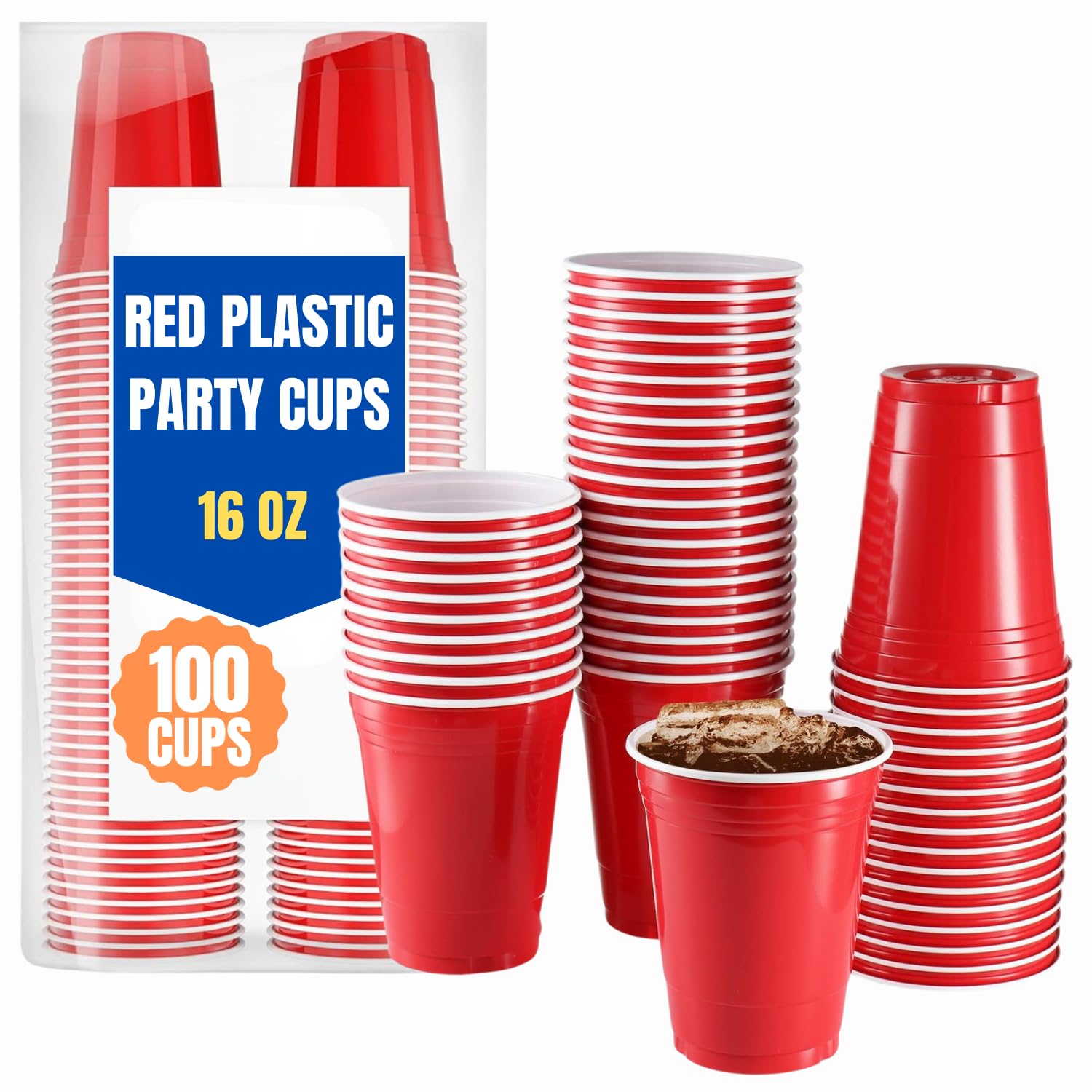 1InTheHomeRed Cups 16 oz, Plastic Party Cups, Red Plastic Cups, Plastic Cups 16 oz Disposable, 100 pcs