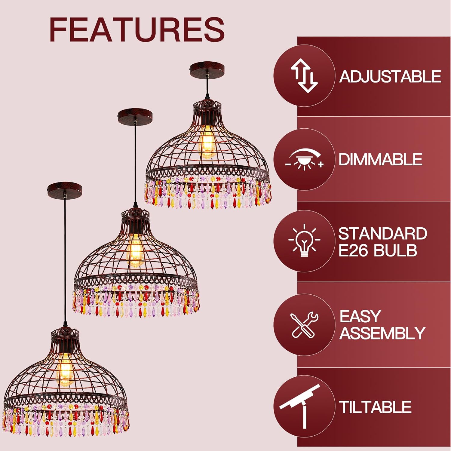 16-inch Wrought Iron Tiffany-Style Chandelier, Industrial Retro Wine-red Wrought Iron Lighting Fixture, Suitable for Kitchen Island, Game Room, Dining Room, bar Counter