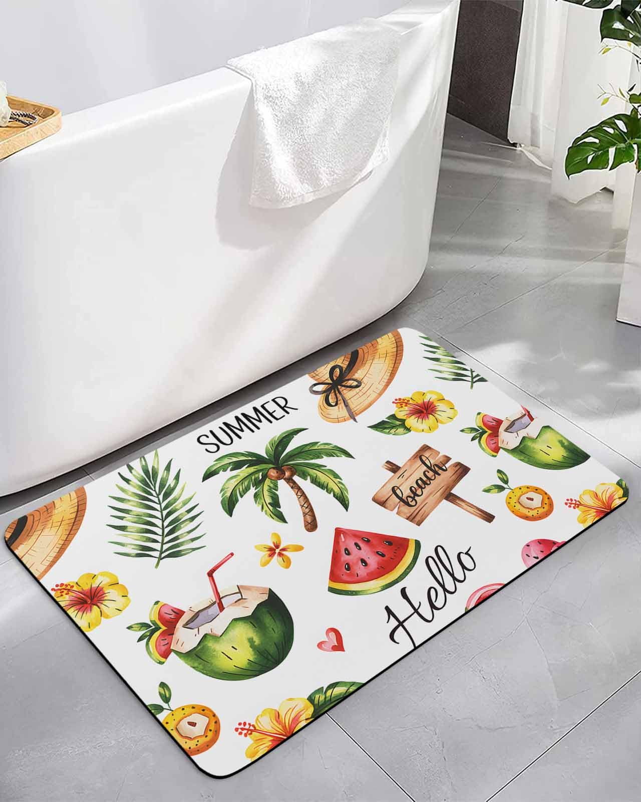 Summer Beach Tropical Leaves Bath Rug Diatomite Shower Mat Absorbent Bath Mat Non Slip Quick Dry Bathroom Rugs