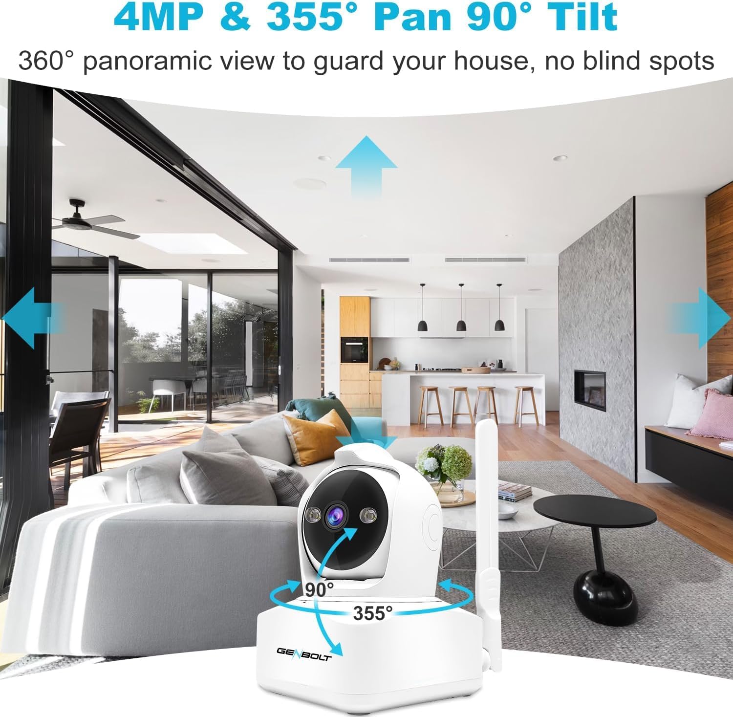 GENBOLT camera showing 355 degree pan and 90 degree tilt capabilities