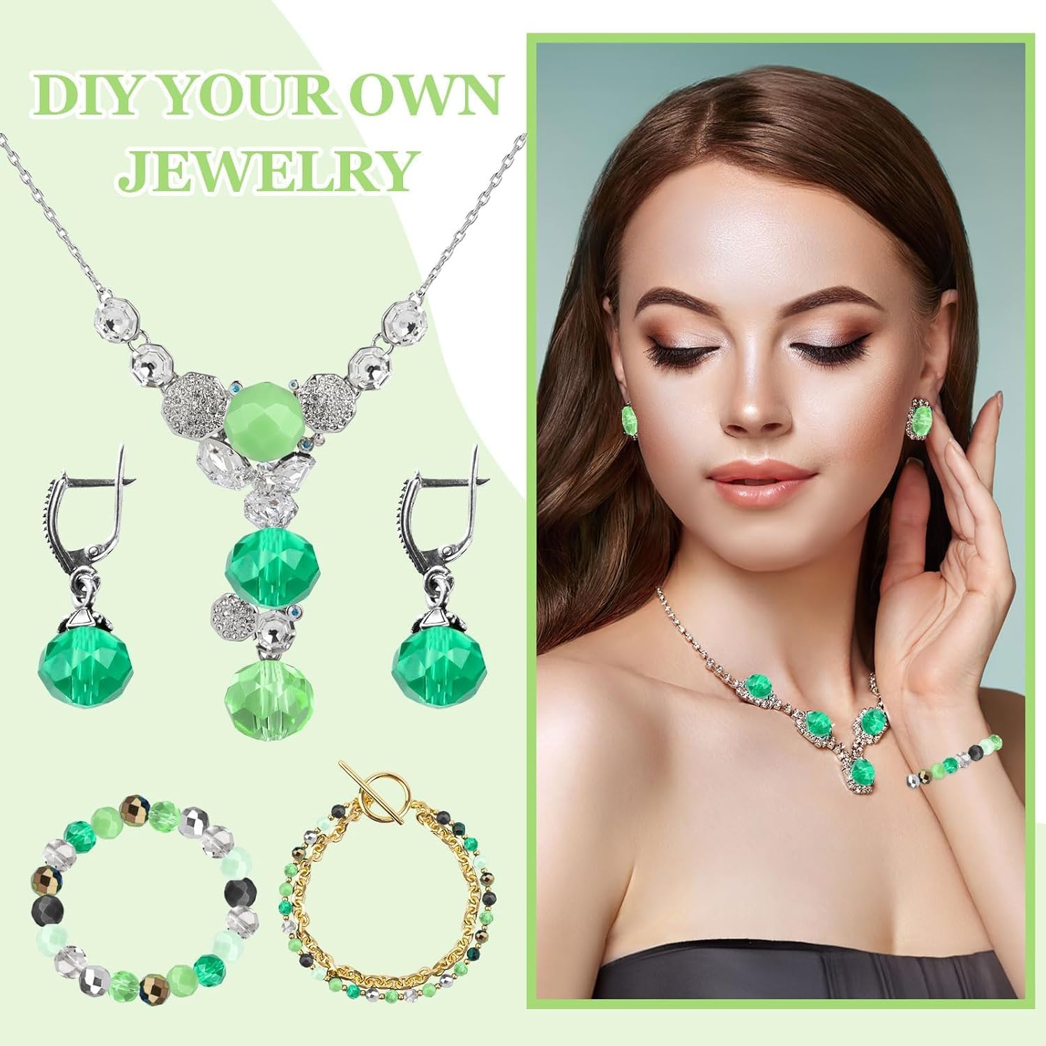 1000pcs Green Beads, Glass Crystal Beads for Jewelry Making, Assorted Styles Craft Crystal Beads (Teardrop, Bicone, Rondelle, Square, Crackle Round) for Bracelet Necklace Earring, Bead Kit with 1 Box - Image 6