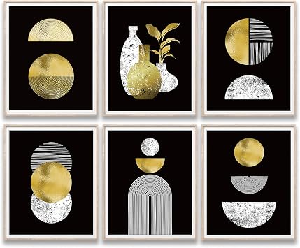 MTL HOE Gold and Black Boho Wall Art Prints Set of 6 8x10 black art wall deco, Glossy Wall Art Decor, Mid-Century Modern Prints, Minimalist Geometric Boho Art Wall Posters for Bedroom Living Room