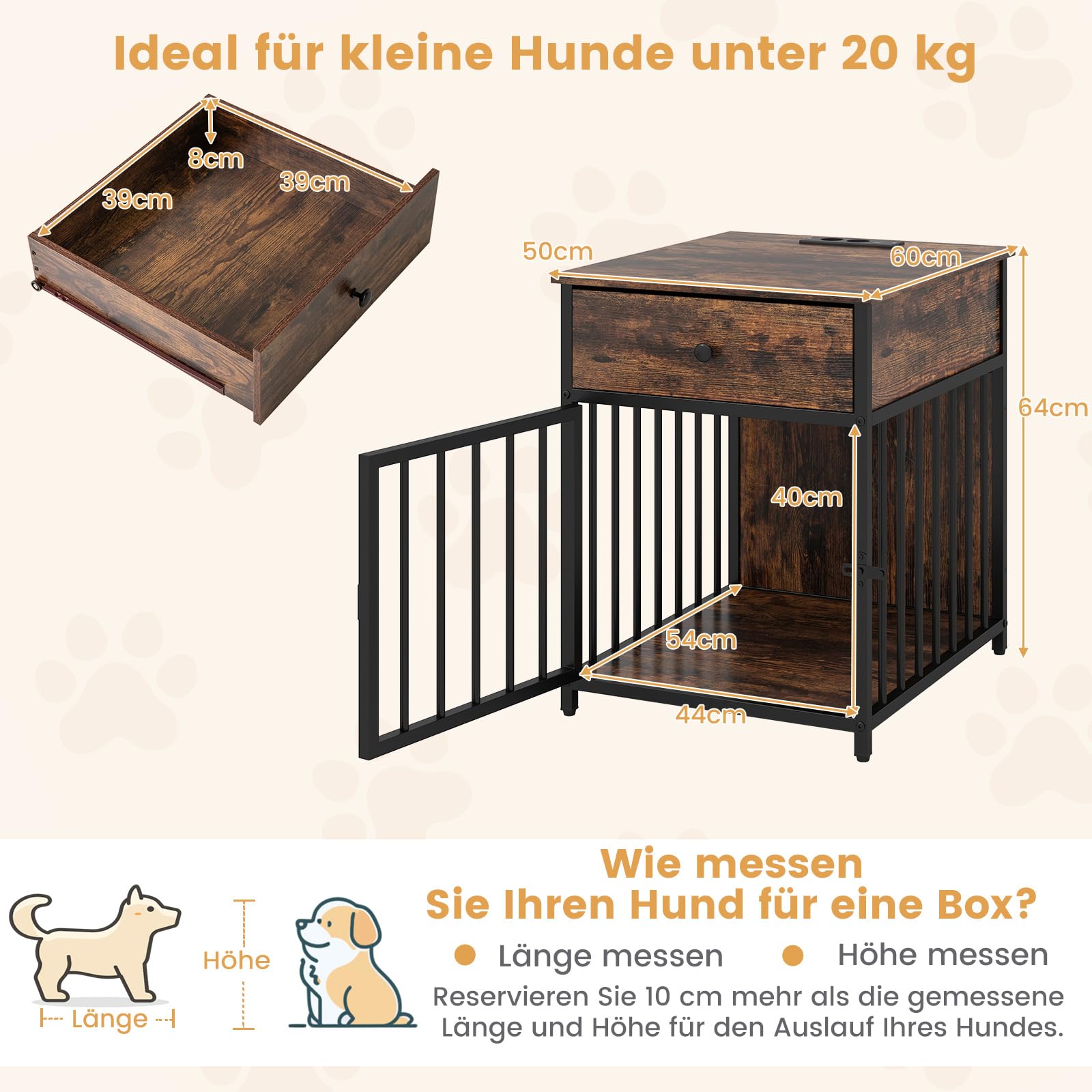 COSTWAY Hundekäfig Möbel, Hundebox für Zuhause mit Ladestation, Tür, Schublade & Metallrohren, Hundehütte Beistelltisch Nachttisch, für kleine & mittlere Hunde, Vintagebraun, 50 x 60 x 64 cm