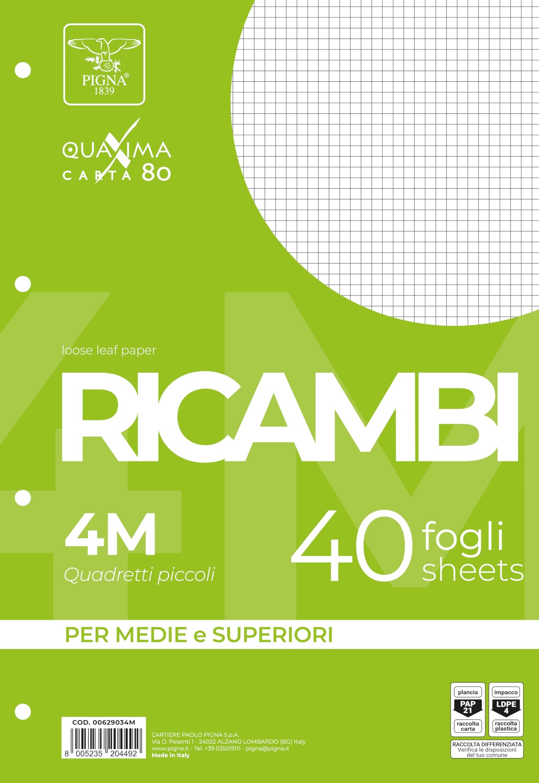 Pigna Refill Pad A4 210 x 297 mm (A4) 40 Sheets – Notebook Filler Paper (40 Sheets)
