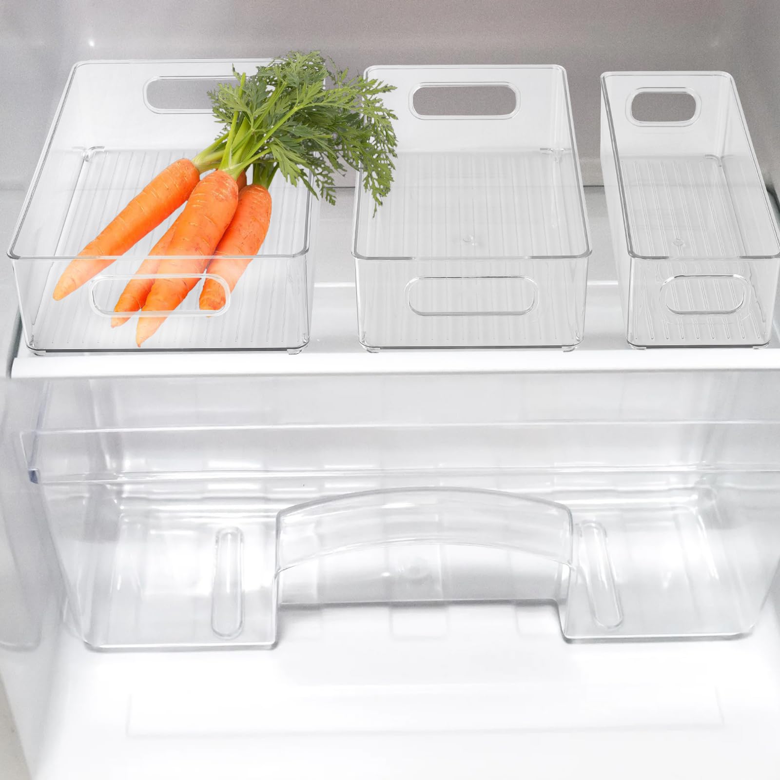 FUNSUEI Set di 6 organizer per frigorifero, 3 misure, contenitore per frigorifero, contenitore con manico, trasparente, organizer in plastica per la cucina
