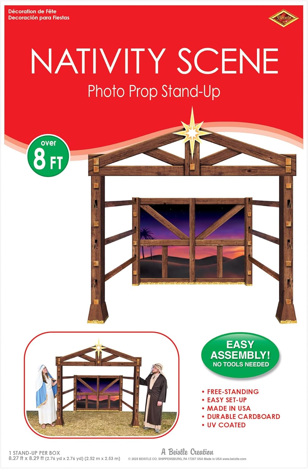 Beistle Nativity Scene Photo Prop Stand-Up, Large Corrugated Cardboard Manger Scene Backdrop with Star, Indoor Biblical Christmas Decoration, 8' 3.5" x 8' 3.25"