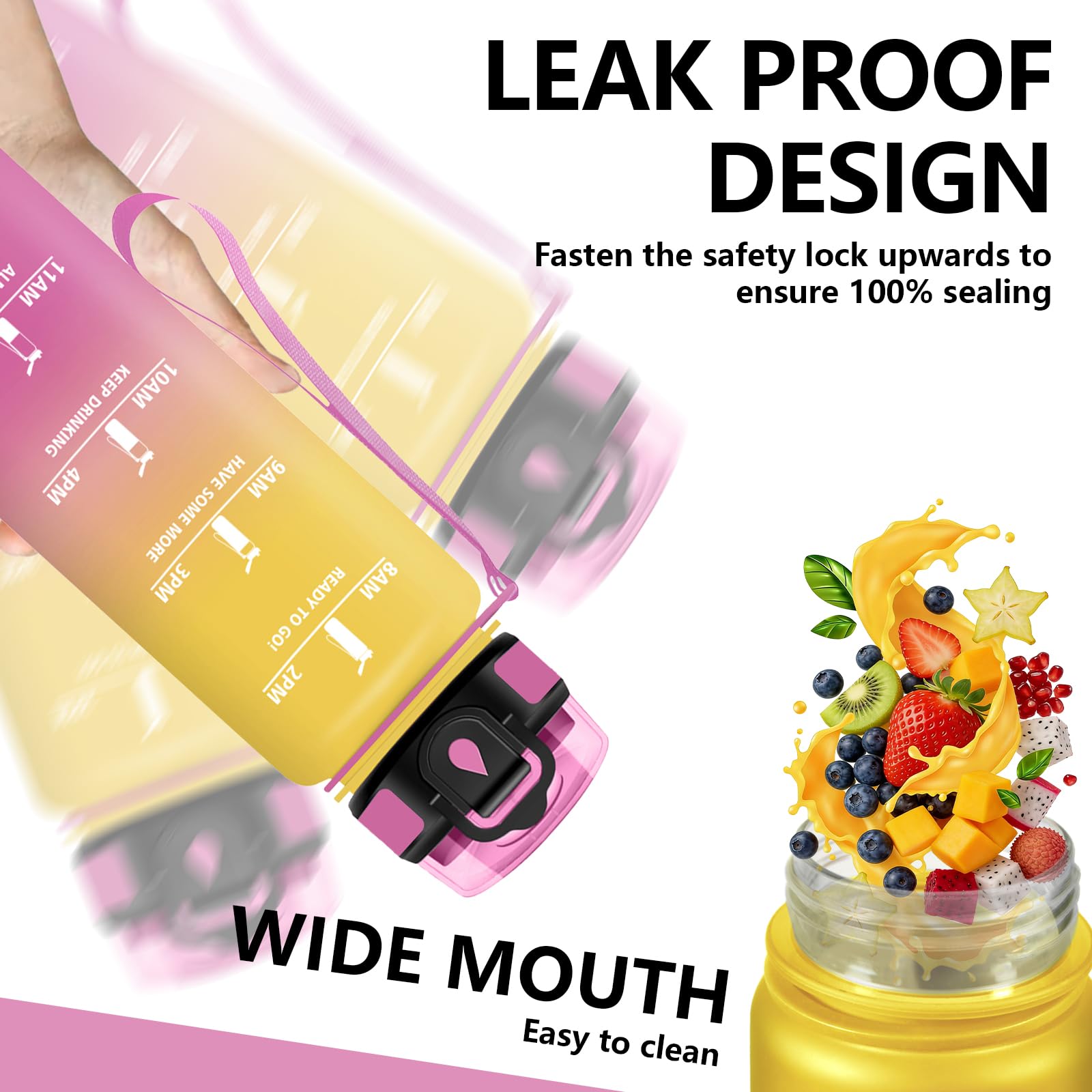 Botella Agua Gimnasio, A Prueba de Fugas Botella Agua 1 litro, Diseño de Cerradura, Cantimplora con Pajita, Cantimplora con Marcador de Tiempo para Colegio, Hogar, Exterior - 4