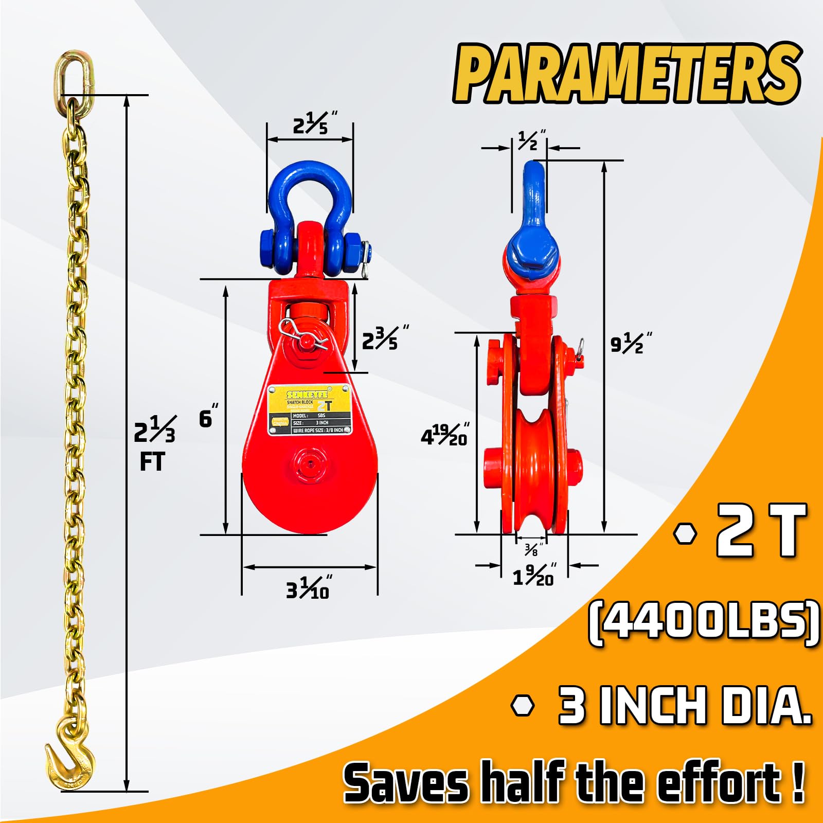 Upgraded Snatch Block with Chain Snatch Block 2 Ton WLL for 3 8 Wire Rope Snatch Block Pulley — view 6