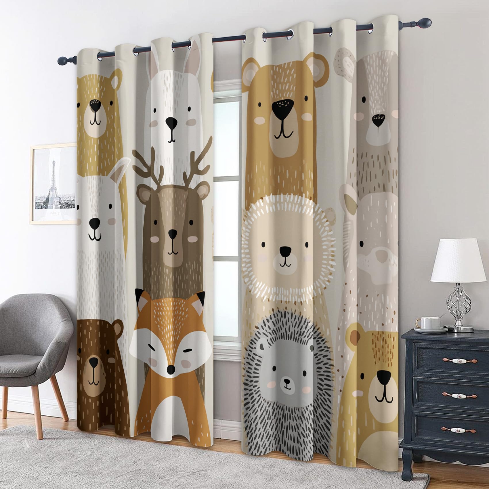Generisch Cartoon Süße Tiere Vorhänge Blickdicht Gardinen mit Ösen, Kinder Waldtier Deko Muster Wohnzimmer Schlafzimmer Fenster Verdunklungsvorhänge, H 160 x B 140 cm 2er Set (1a5-111)