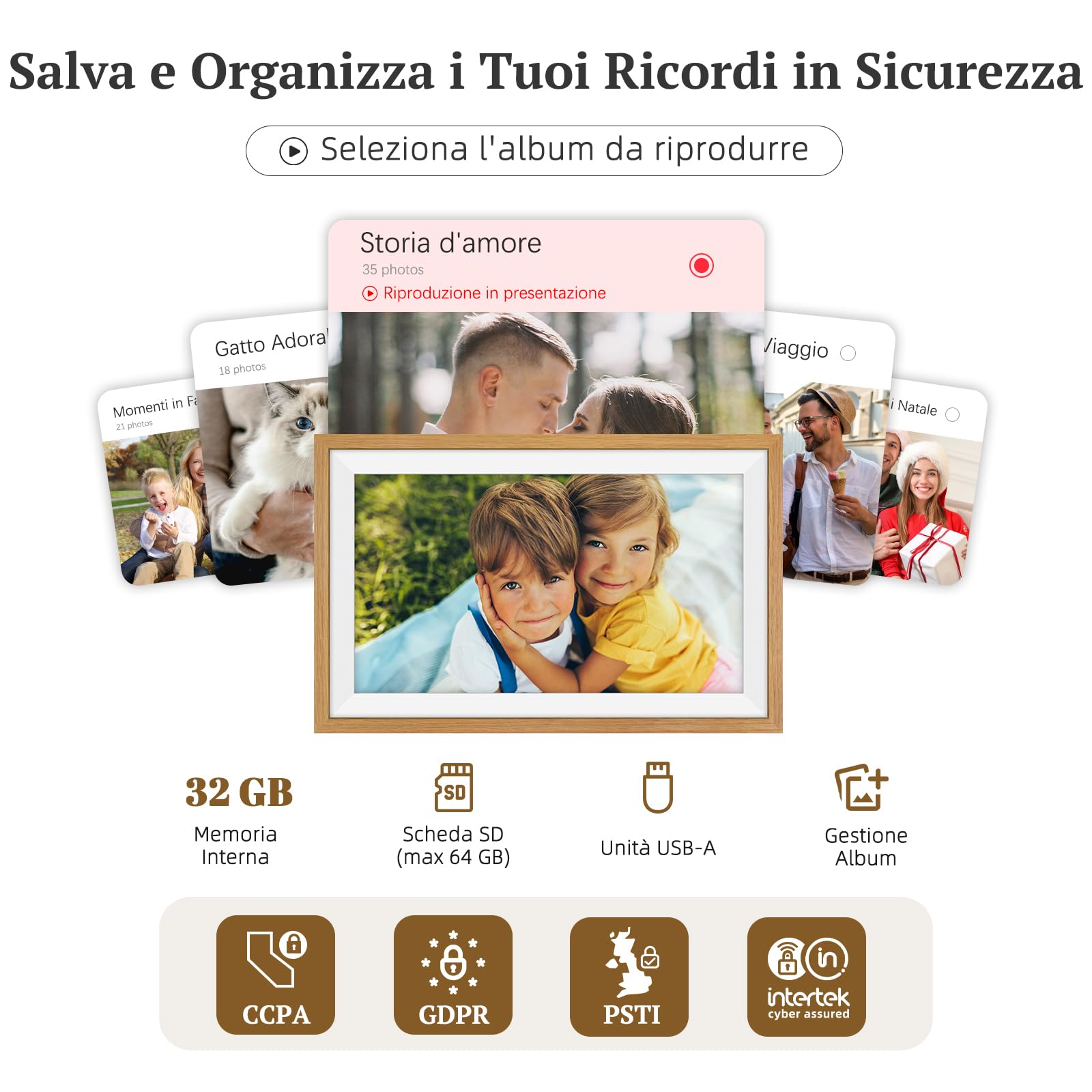 Frameo Cornice Digitale Foto Legno di Rovere 15.6 Pollici WiFi, Memoria da 32 GB, Touchscreen IPS FHD, Condividi Foto Video Tramite l'app Frameo, Regalo da Donna Uomo