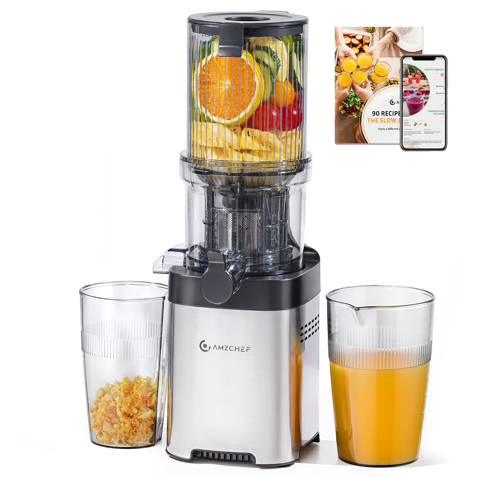 AMZCHEF Entsafter Slow Juicer – 115MM Einfüllöffnung für Ganze Gemüse und Obst - Kompakter Saftpresse Hohe Saftausbeute, Leise, Einfach zu Reinigen