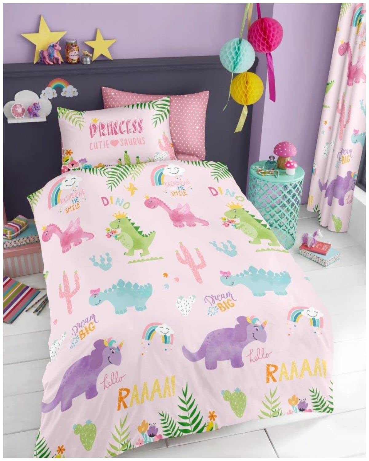 Fairwayuk Girls Cutie Saurus Dinosaur Bedding Set - Kids Poly Cotton Duvet Cover With Pillowcase, Single Bed Size 2 Piece Reversible Quilt Covers, 137X200cm, Bedroom Accessories