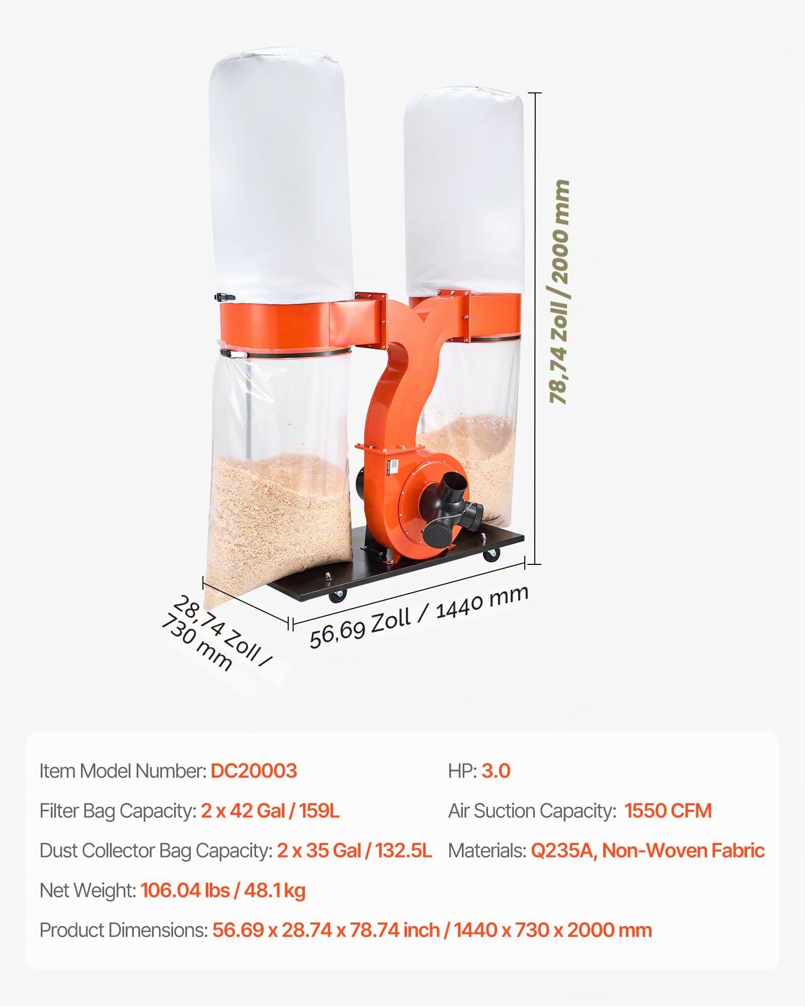 VEVOR Absauganlage 2634,47 m³/h 2,5 Mikron 3,0 PS 2800 U/min Vliesstoff