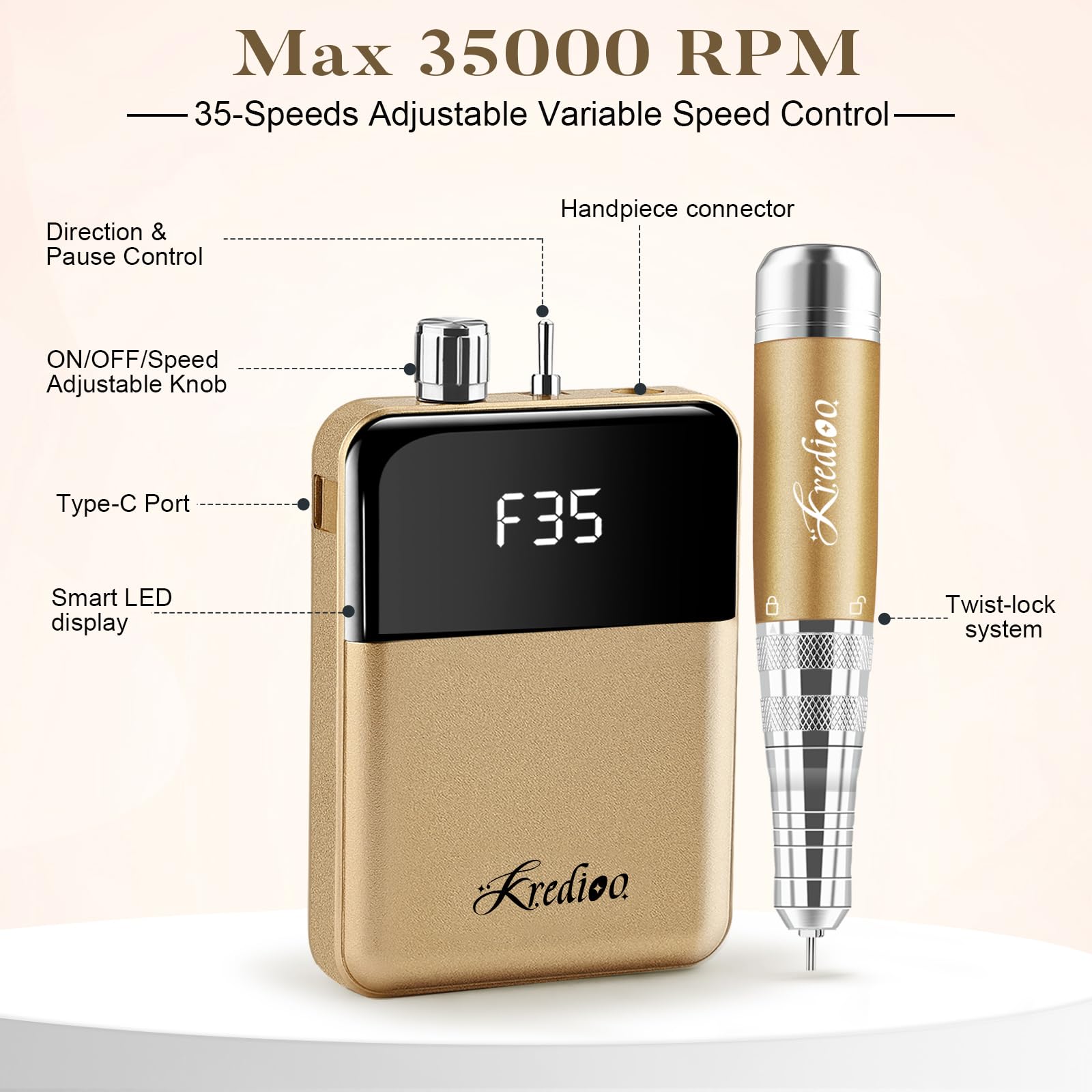 Kredioo 6 in 1 Nail Drill Machine Rechargeable, 35000RPM Electric E File with LCD Display - Image 3
