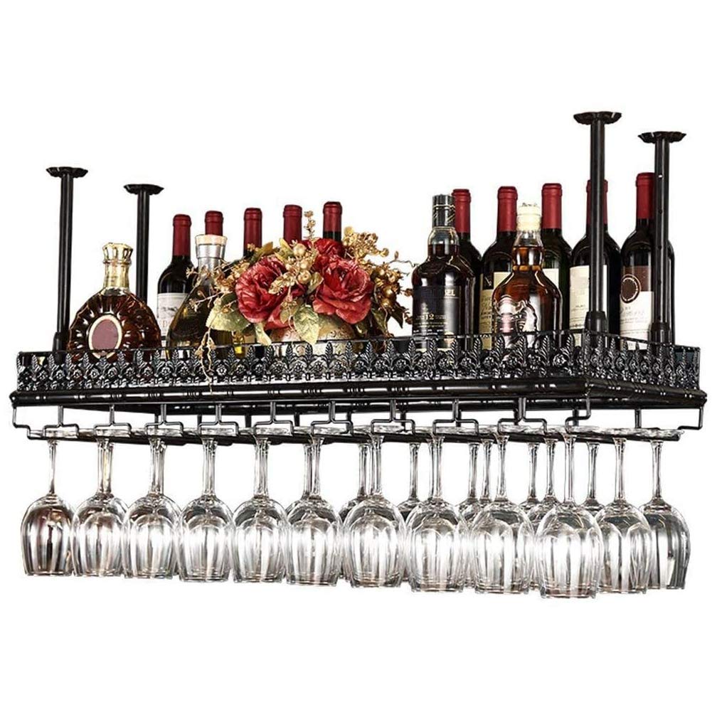 Support de verre à vin suspendu au plafond en métal noir et bronze pour bar 60x35 cm