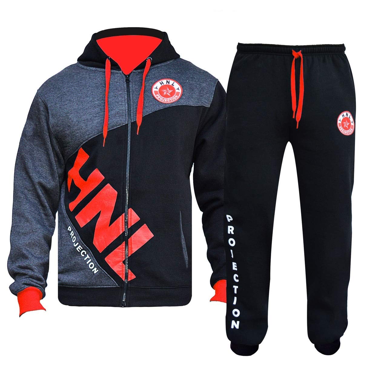 HNL Projection Boys Girls Tracksuit Hooded TOP Bottoms Zipped TOP Kids Jogging Suits Age 5-6 7-8 9-10 11-12 13-14 Years (Main) (RED, 5-6 Years)