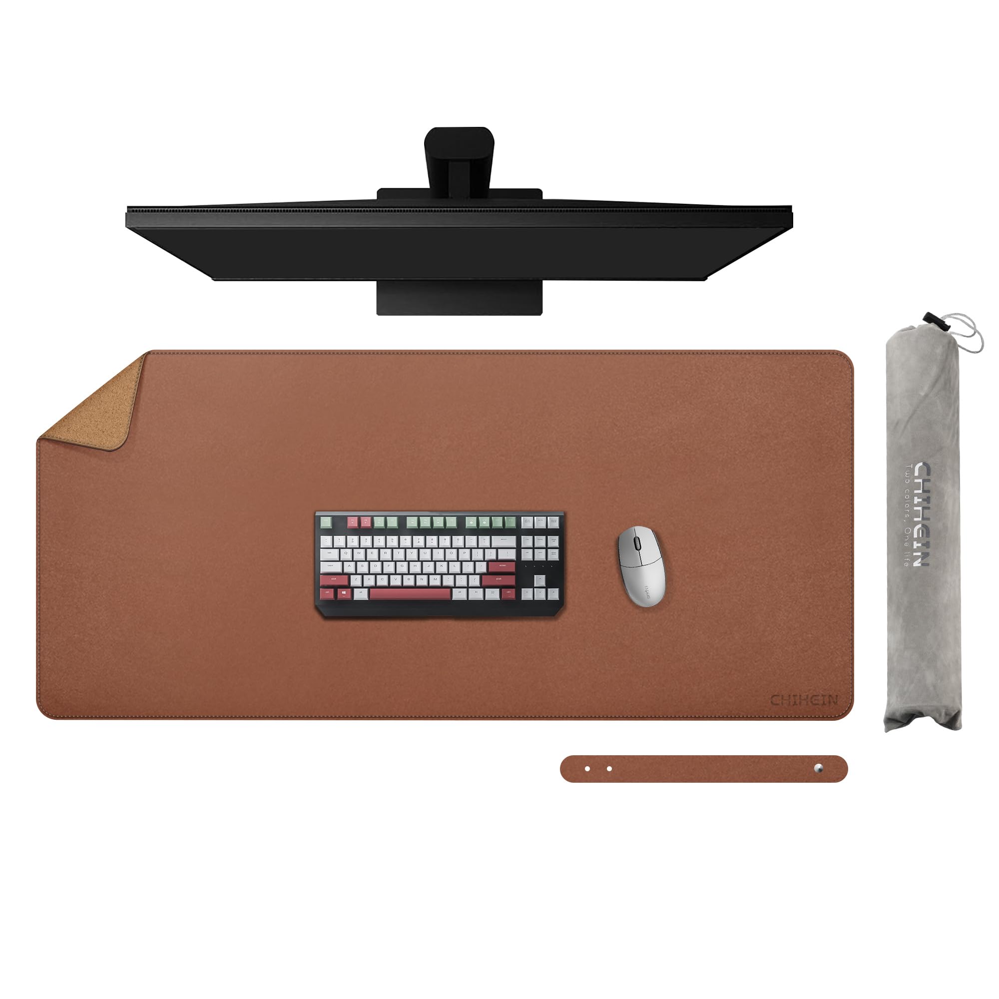Chihein 100 x 50 cm - En cuir synthétique - Tapis de protection de table pour ordinateur portable - Pour le bureau et le bureau à domicile (marron/liège)