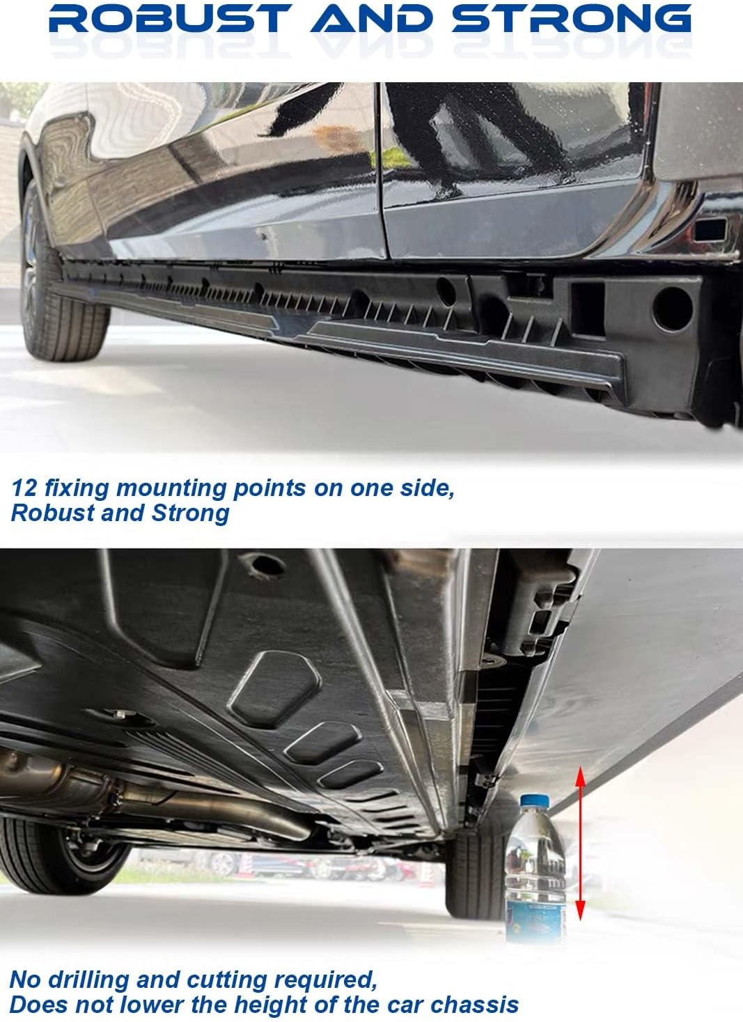 Chèchè view showing the robust 12-point fixing mounting system of the SNIXWOO Running Boards, illustrating no chassis height reduction.