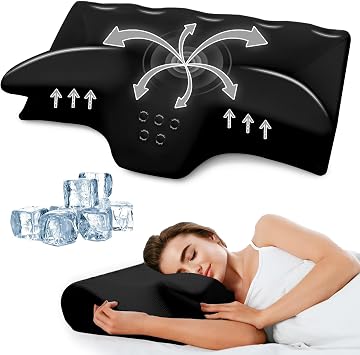 Cervical Pillow for Neck and Shoulder, Cooling Contour Memory Foam Pillows Support Ergonomic Neck Pillow Adjustable Orthopedic Bed Pillow for Side Back Stomach Sleeper with Pillowcase,Black