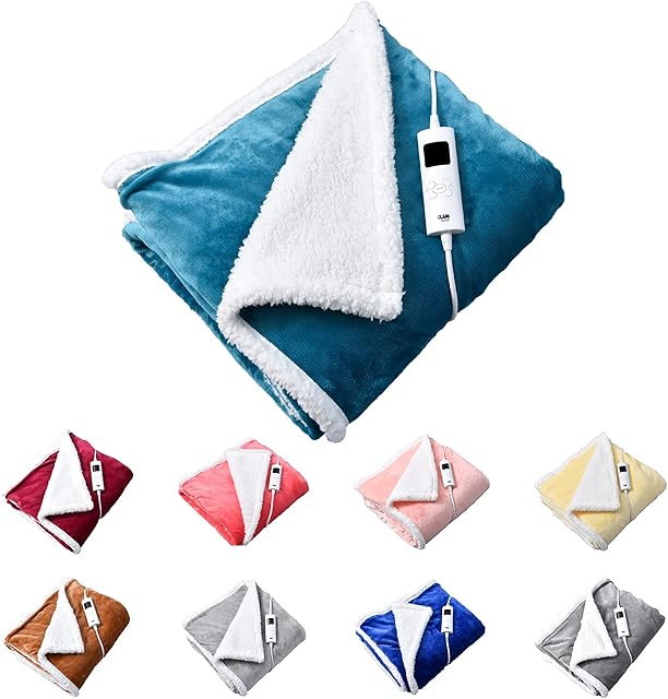GlamHaus Heated Throw Electric Light Blue Fleece Over Blanket Sofa Bed Large 160 X 130cm - 9 Heat and 9 Timer Auto Shut Off - Soft Reversible Design - Digital Control - Machine Washable (Light Blue)