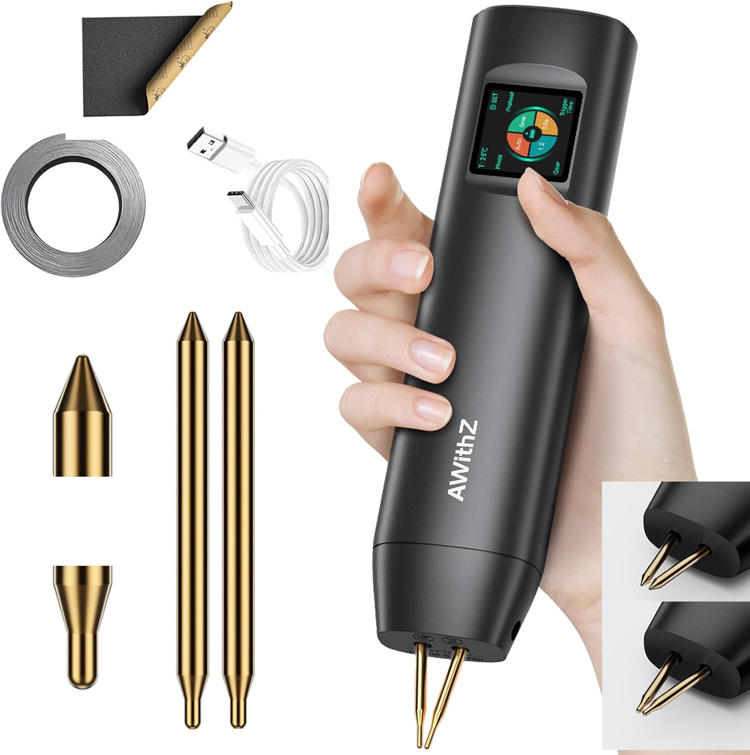 Handheld 18650 Battery Spot Welder with 1.5" LCD Display, AWithZ Double-ended 99 Adjustable Levels, Auto/Manual Modes, 7-Language UI - Portable DIY Welding Tool for Lithium Battery Packs