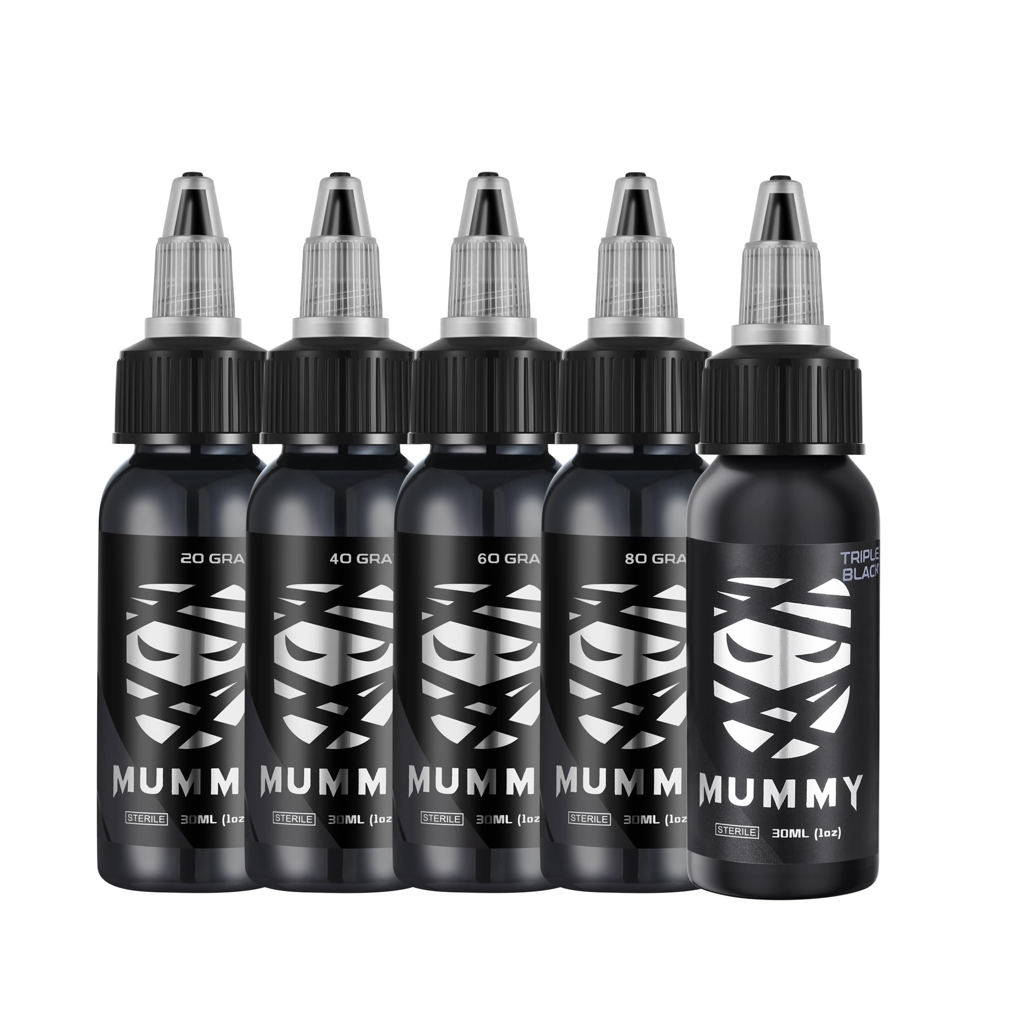 Mummy Greywash Tattoo Ink Set - 5 Bottles (1 oz Each) Includes: 20, 40, 60 Greywash, Triple Black