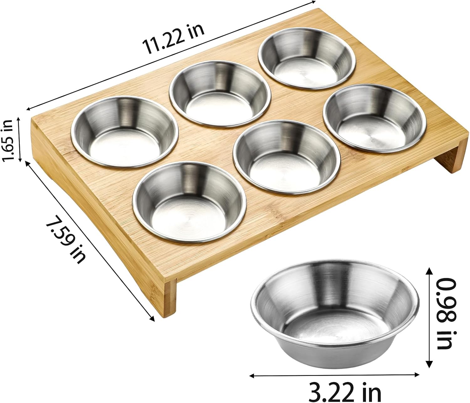 Stainless Steels Sauce Dish 3.2-inch Chip and Dip Serving Set with Bamboo Wooden Tray, Candy Dish, Soy Sauce Dish, Salsa Bowls, Dip Tray for Condiments (RXZERC6)