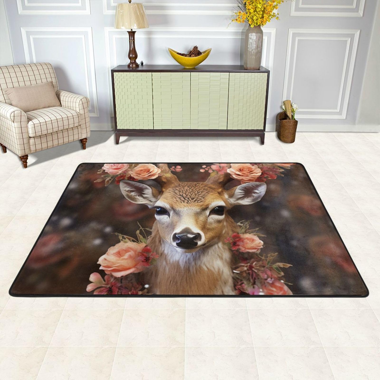 Tapis de sol absorbant cerf aux fleurs 120x180cm antidérapant pour chambre