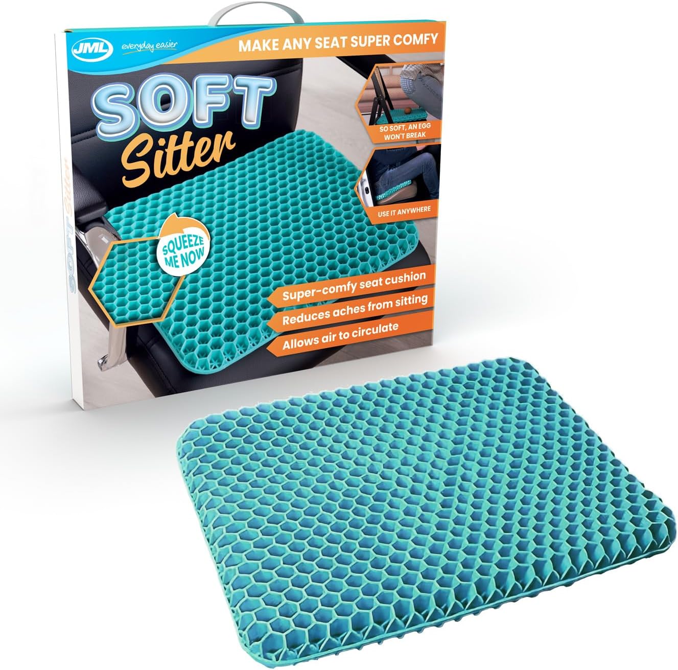 JML Soft Sitter Honeycomb Cushion - Gel Seat Cushion for Support and Flexibility, Home, Office, Gaming and Car Seat Pads - Lightweight, Durable, Breathable for All-Day Comfort and Posture, Aqua Green