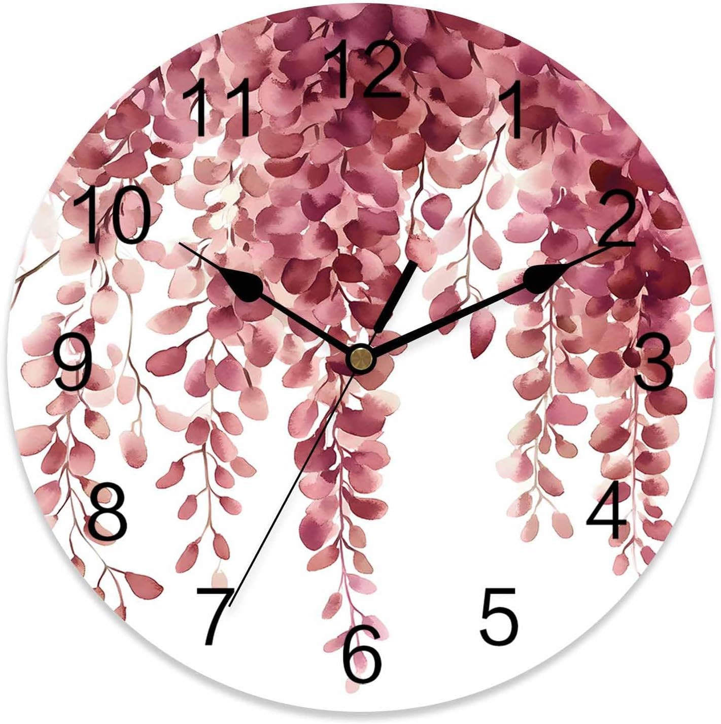 Red Eucalyptus Leaf Wall Clocks Battery Operated, Spring Rustic Botanical Large Wall Clock for Bedroom Kitchen Living Room Bathroom Decorative 10"x10"