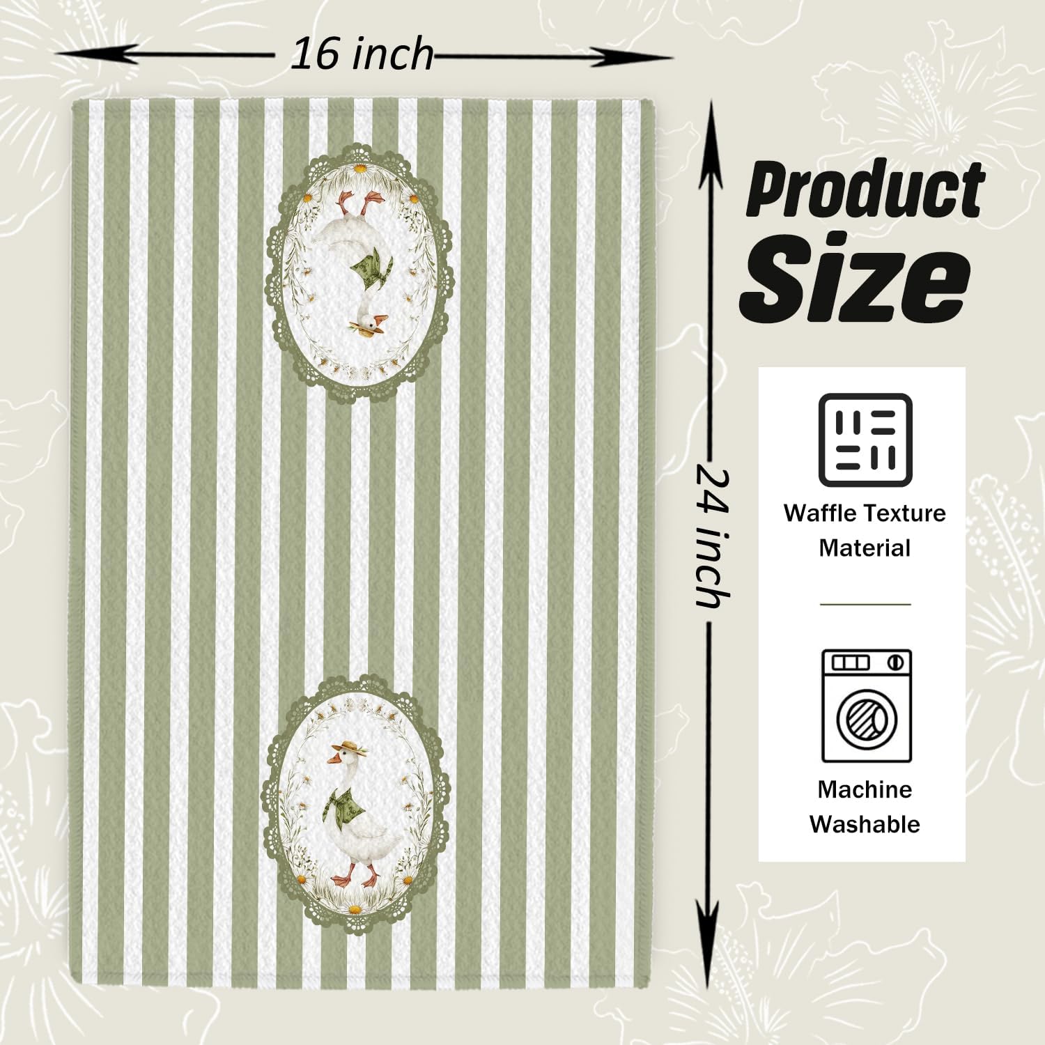 Sage Green Floral Goose Kids Hand Towels, Rustic Cottagecore Flower Goose Green Striped Decorative Hand Towels for Kids Girls Bathroom Washroom Restroom, 16x24 Inch Set of 2 image 2