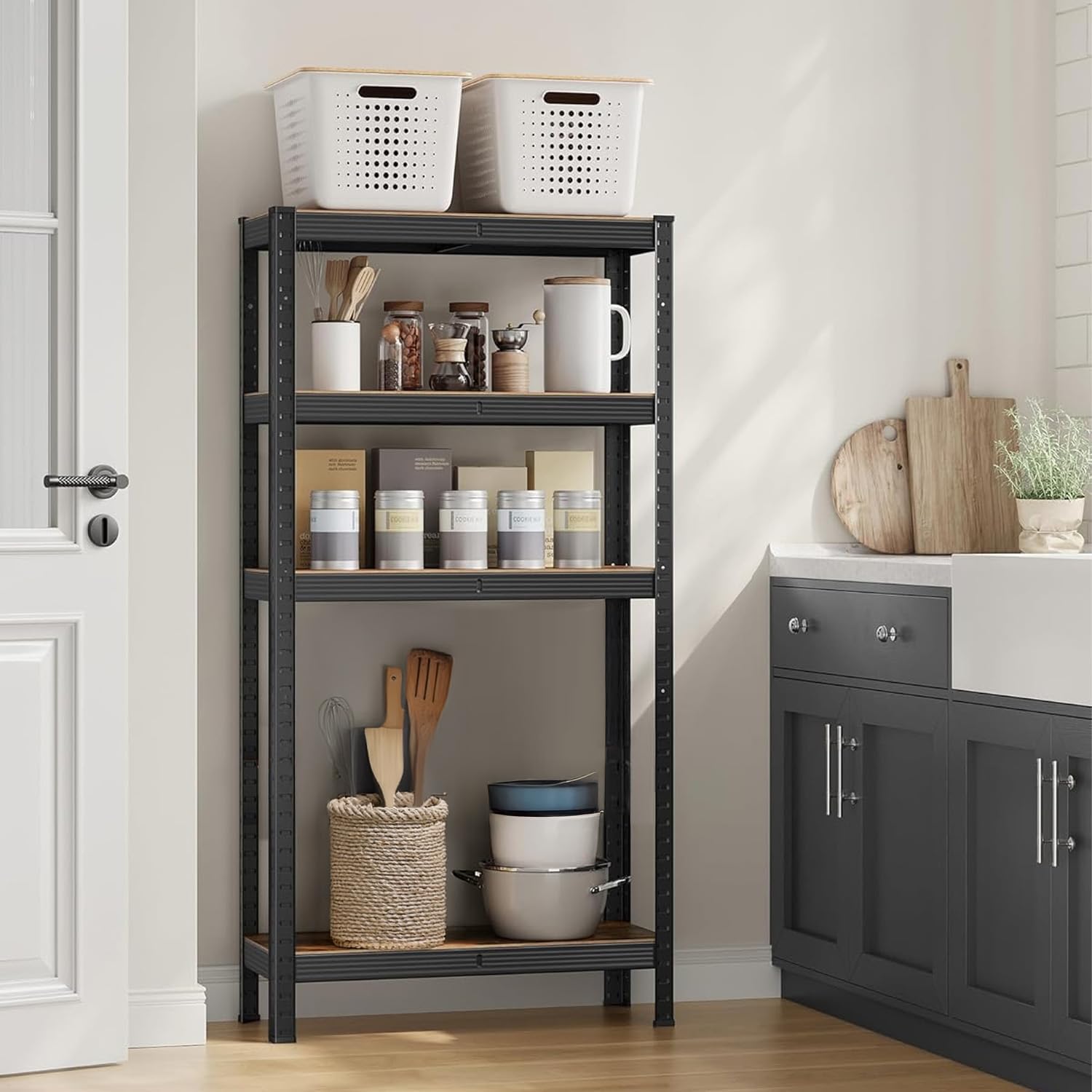 Metal Garage Shelving Unit Modular Metal Shelving Unit with 4 Shelves Wood Effect Space Saving for Office, Warehouse and Home