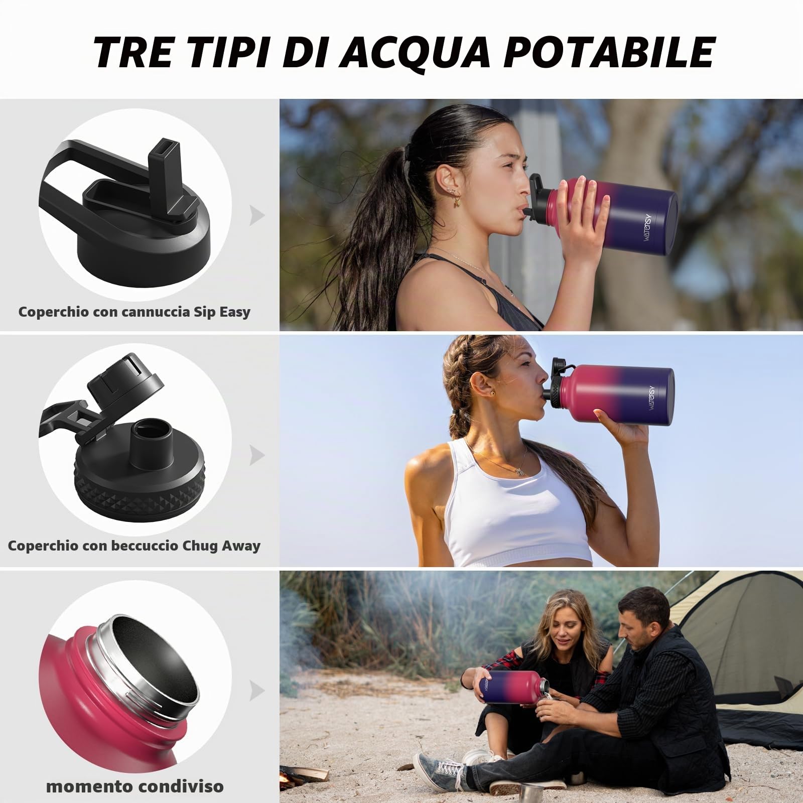 WATERSY Borraccia Termica 2L Acciaio Inox, Grande Bottiglia Termica Impermeabile con 2 Coperchi e Cannucce - Senza BPA per Palestra, Escursionismo, Campeggio e Sport (Rosso/Blu)