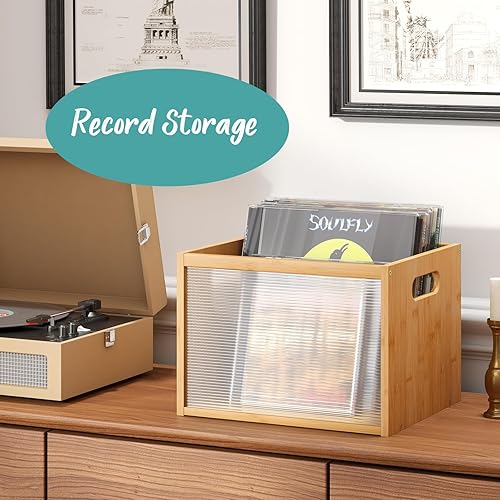 Miniatura 2 de Caja de almacenamiento de discos de vinilo, almacenamiento de madera de bambú, estante de exhibición de álbumes de revistas, elegante organizador