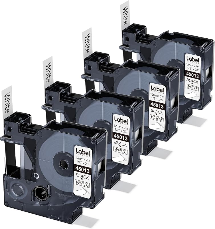 4-Pack Replacement for Dymo Label Maker Refills 45013 | D1 Label Maker Tape, 1/2 in x 23 Ft Black on White Compatible with DYMO LabelManager 160 210D 260P 280 360D 450D