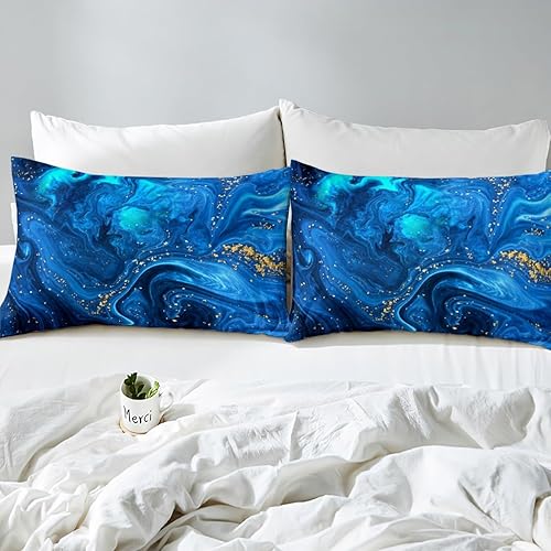 Miniatura 5 de Juego de sábanas de patrón de piedra para cama doble, mármol azul, sábana bajera de líquido triple, juego de sábanas líquidas de oro gitano patrón