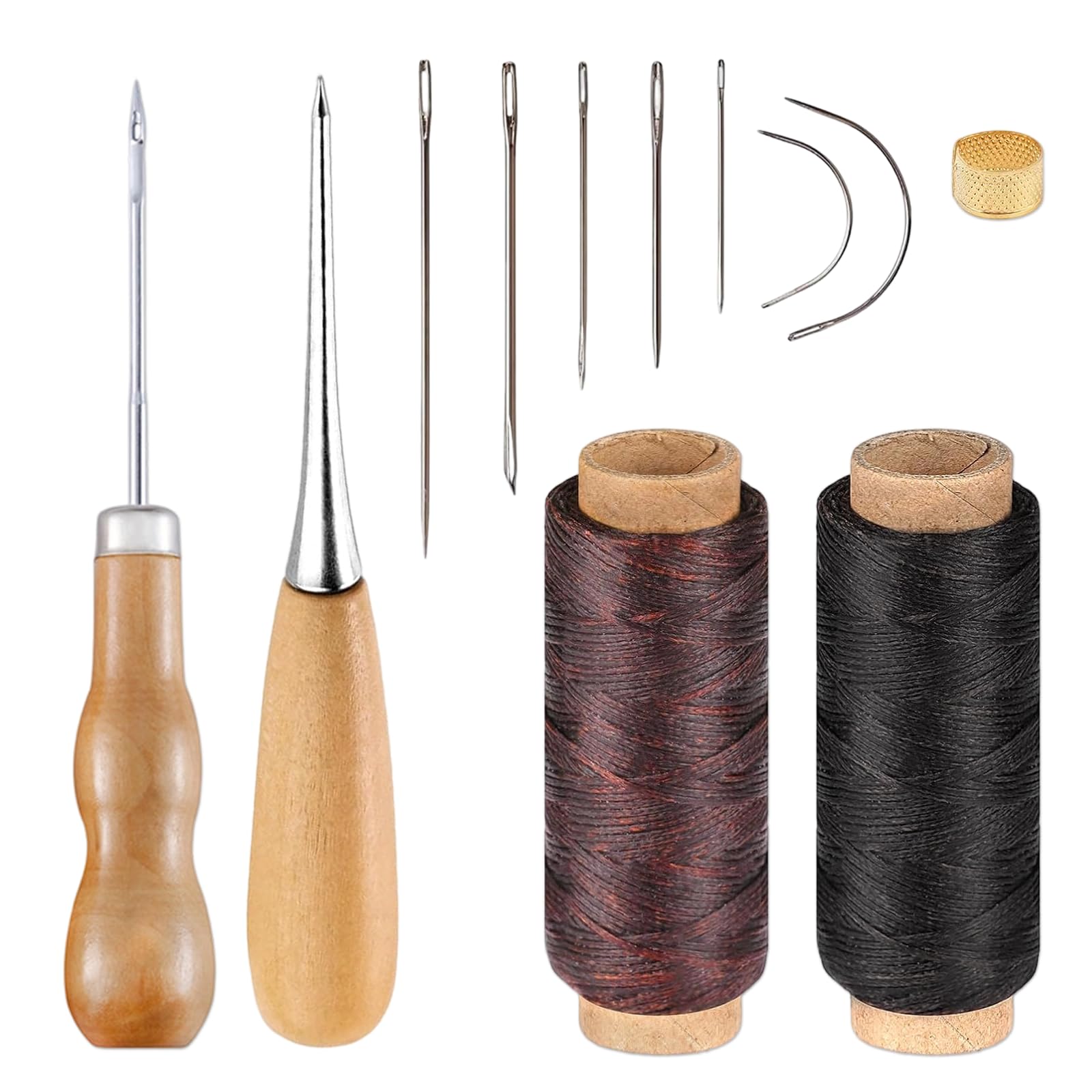 Kit da Cucito per Pelle: Set Completo con Filo Cerato, 7 Aghi, 2 Awl, e 1 Ditale - Perfetto per Riparazioni e Progetti in Pelle