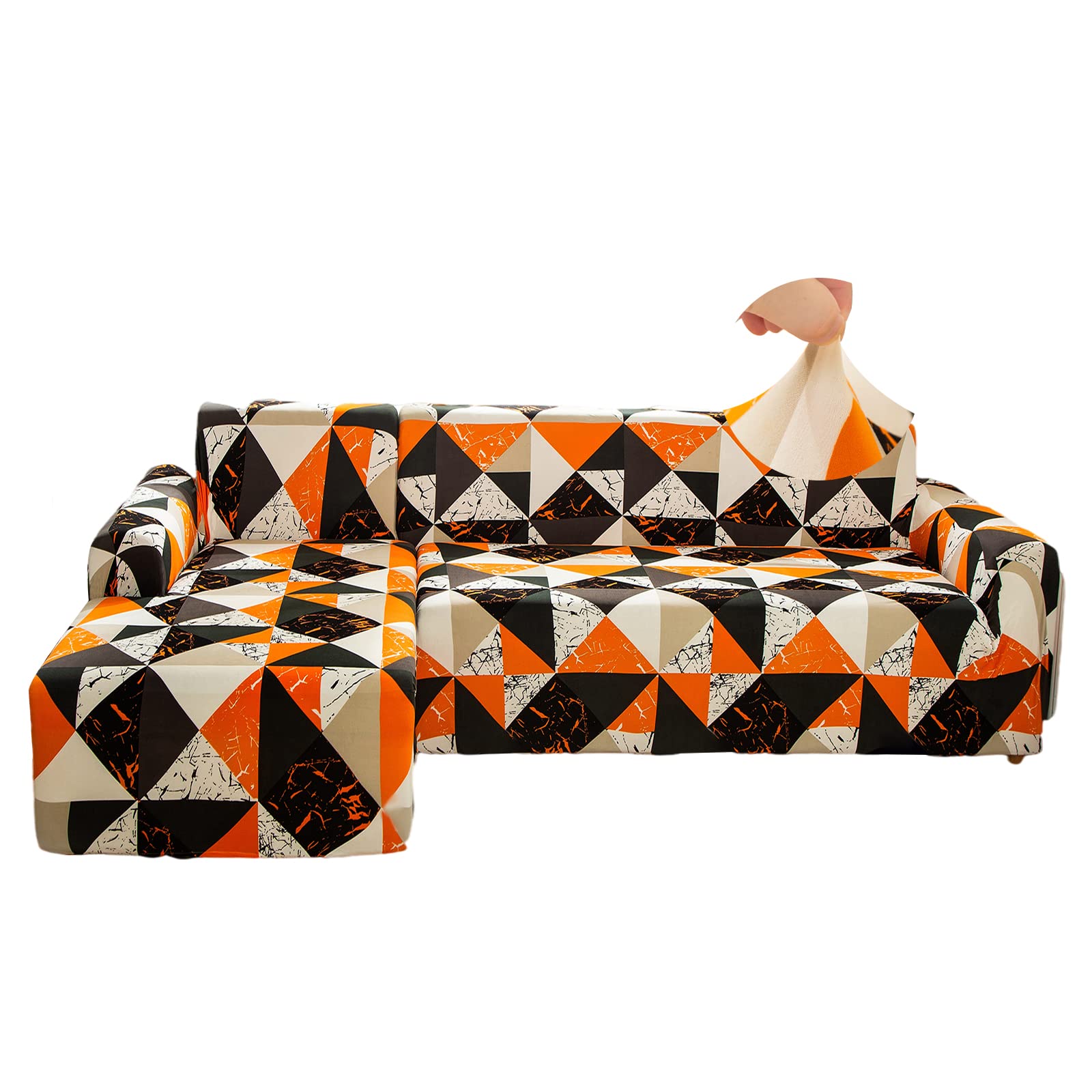 L Shape Stretch Sofa Cover Spandex Right/Left Chaise Lounge Couch Covers 2 Piece Washable for Pets Corner Slipcovers Furniture Protector Black Orange 1 + 4 Seater.