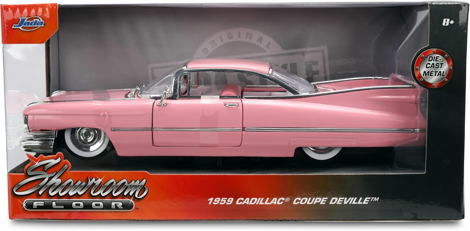 Jada 1959 Cadillac Coupe DeVille Die-Cast Model Car – Pink Classic Lowrider Collectible Vehicle, Opening Doors, Detailed Interior, 1:24 Scale Toys